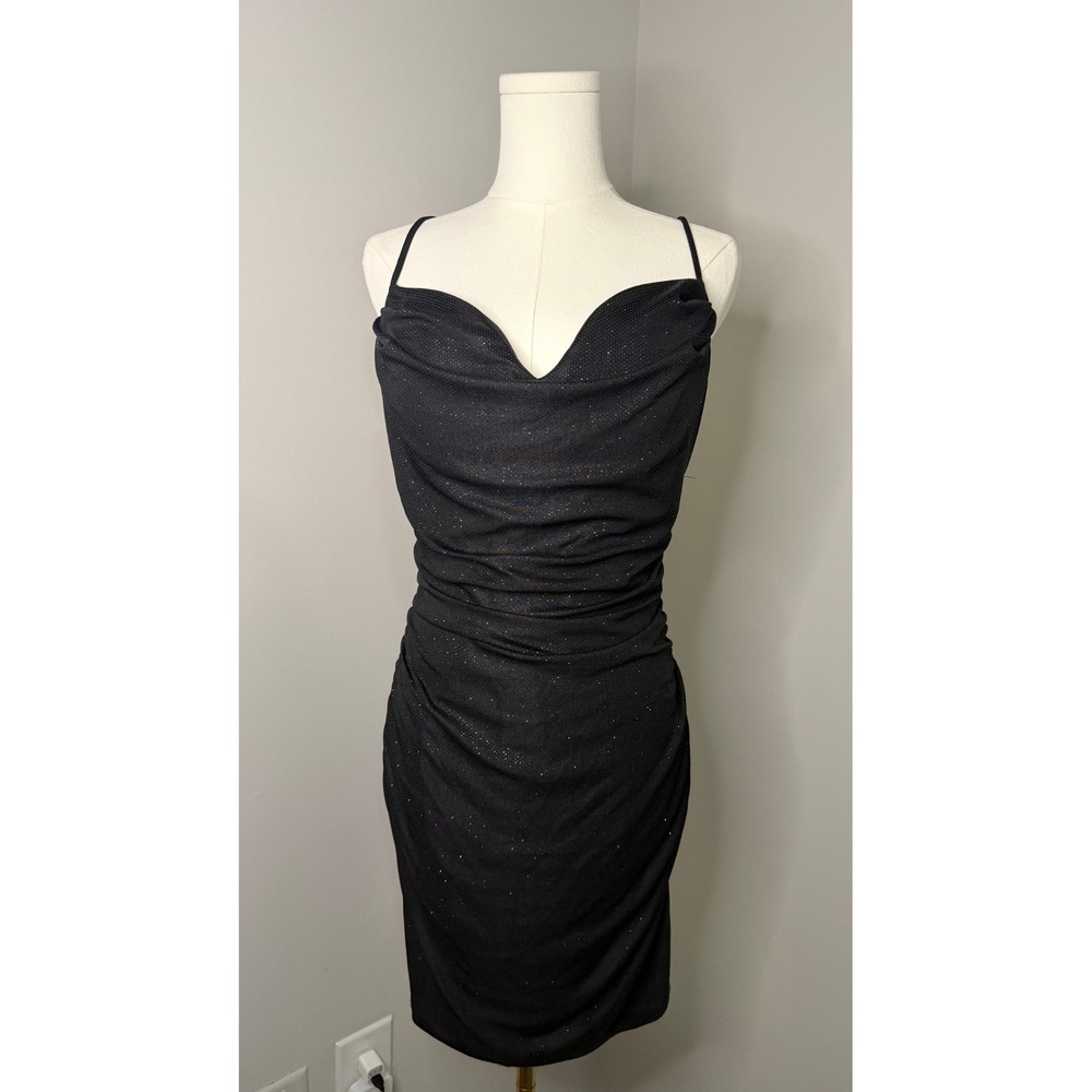Windsor Black Glitter Cowl Neck Ruched Bodycon Dress Open Back Size Large Y2K